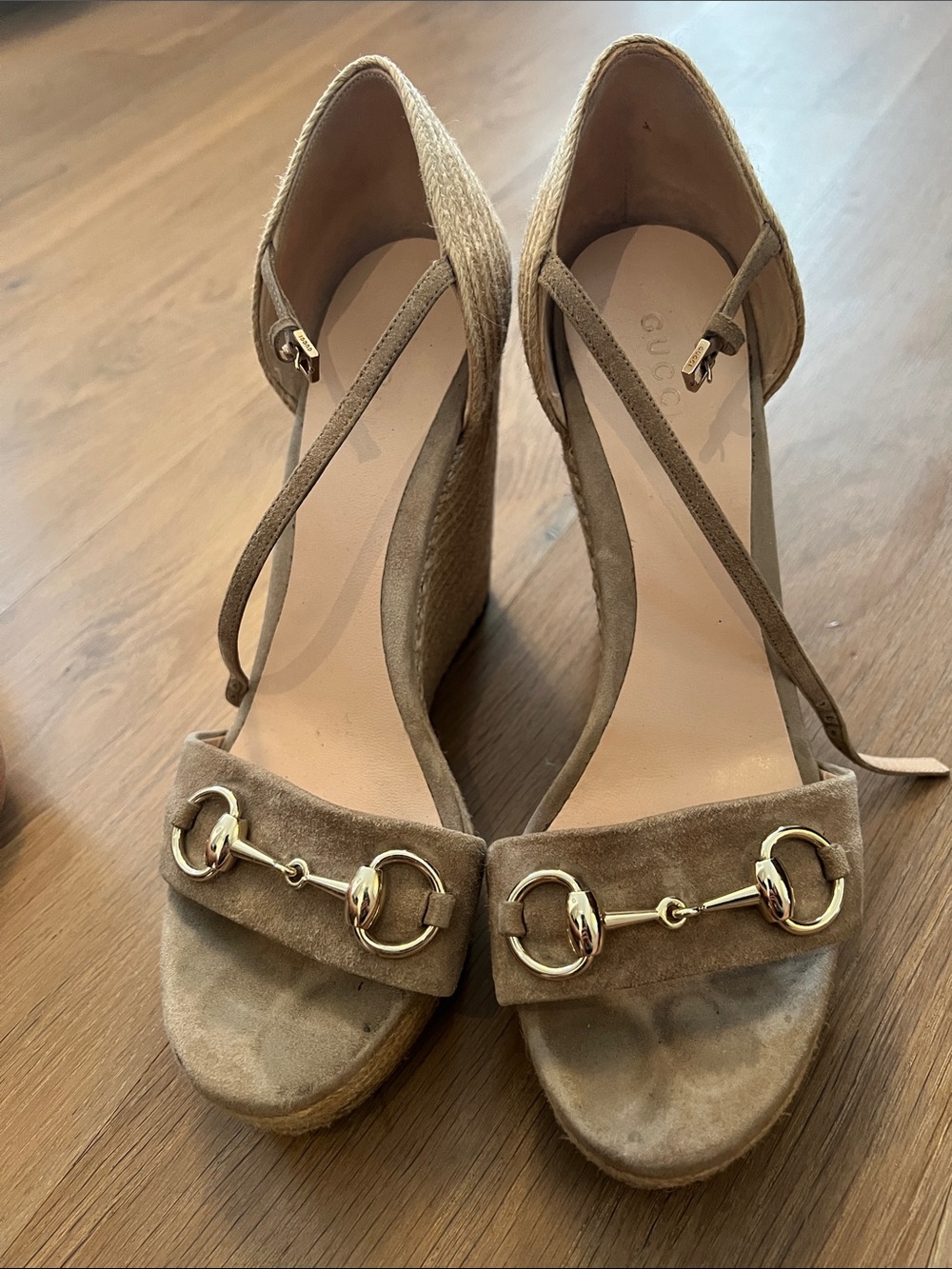 Gucci Carolina Suede Horsebit Espadrille Wedge 38